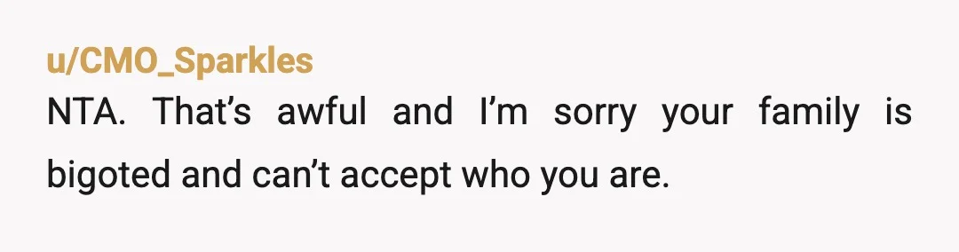 u/Purple-Warning-2161 NTA and I would go NC with your entire family, your brother too- because make no mistake, while he is not saying a vile things that they are saying,...