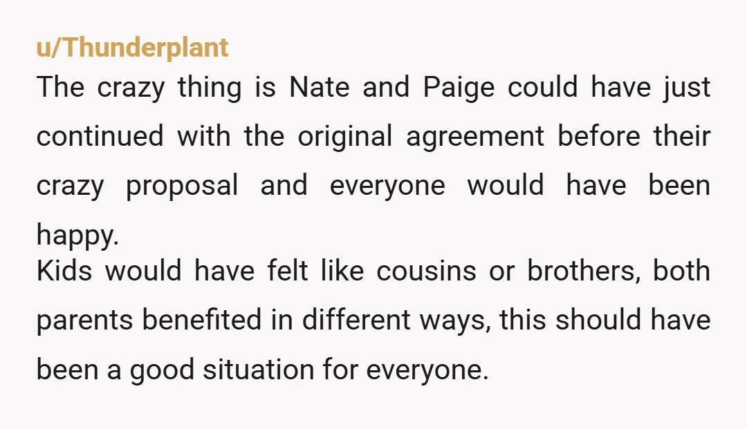 u/Thunderplant The crazy thing is Nate and Paige could have just continued with the original agreement before their crazy proposal and everyone would have been happy. Kids would have felt...