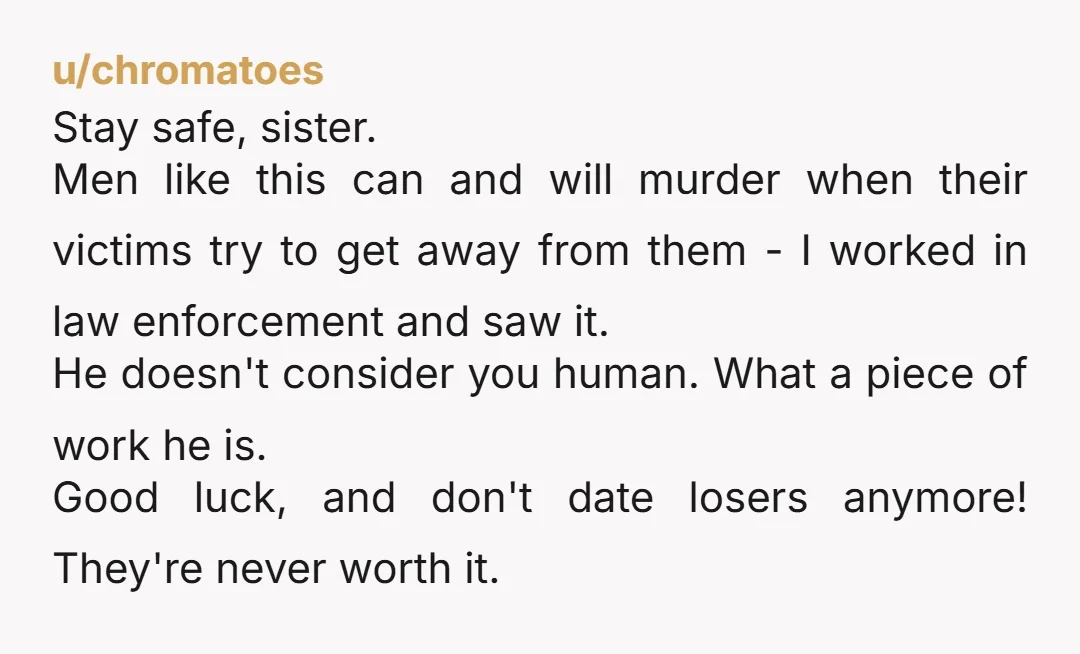 u/chromatoes Stay safe, sister. Men like this can and will murder when their victims try to get away from them - I worked in law enforcement and saw it. He...