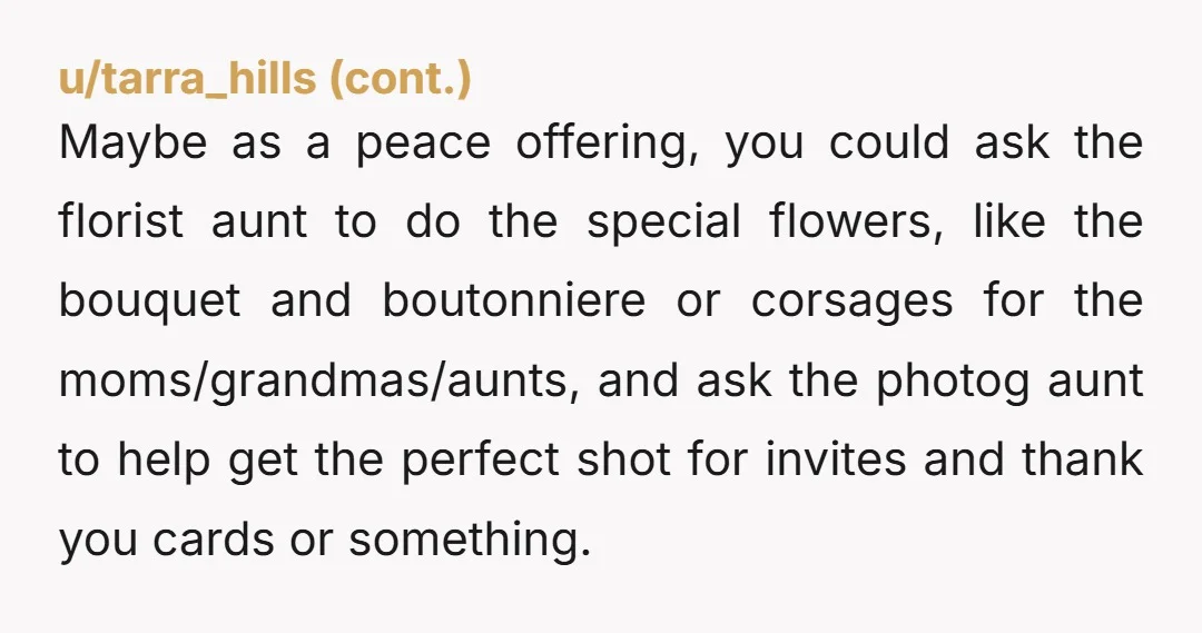 u/Agreeable_Dark6408 Ask them to do a rehearsal dinner, and let them plan it and take point. Then take that wonderful package for your wedding day. This is the best thing...