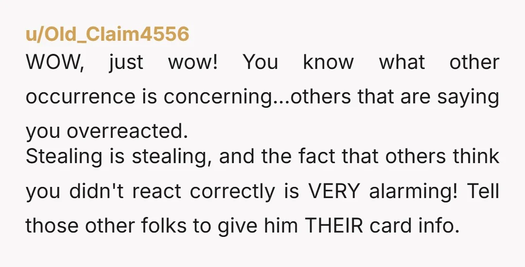 u/Old_Claim4556 WOW, just wow! You know what other occurrence is concerning...others that are saying you overreacted. Stealing is stealing, and the fact that others think you didn't react correctly is...