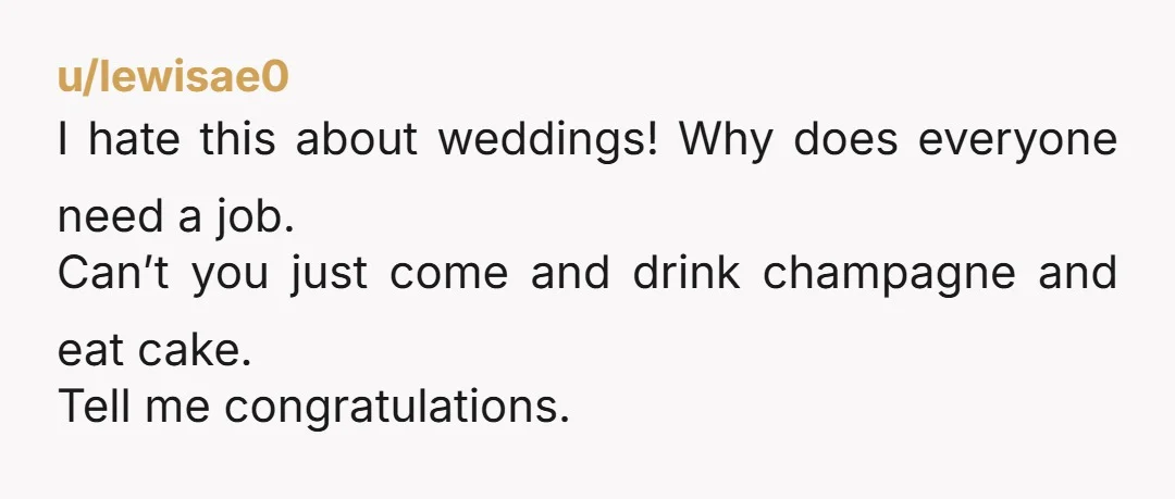 u/notaredditor-24 Girl, no. You have the option of getting a professional wedding at a discount, don't get trapped into family diy BS. What if they are upset about something on...