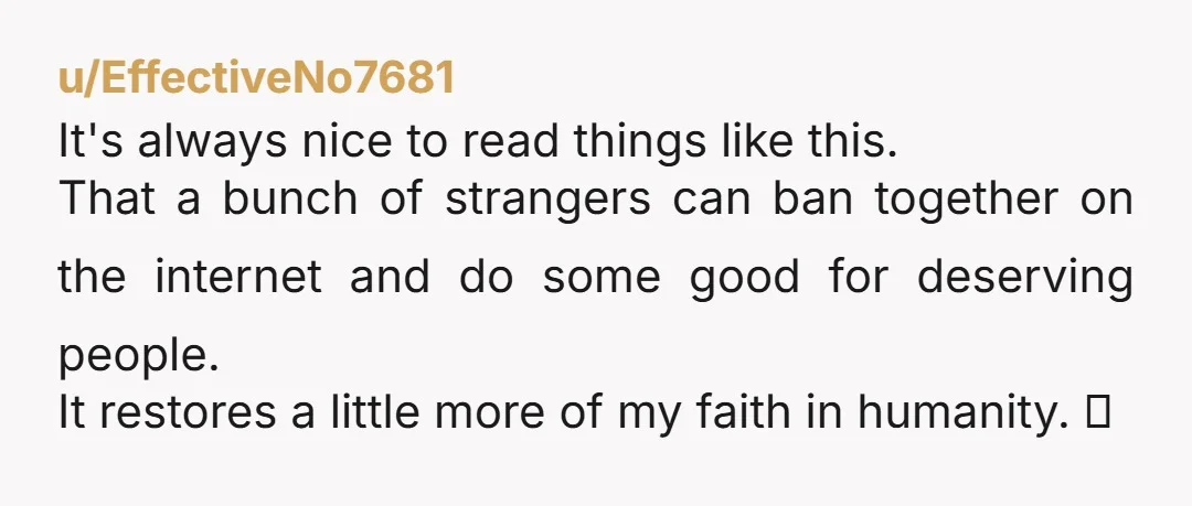 u/EffectiveNo7681 It's always nice to read things like this. That a bunch of strangers can ban together on the internet and do some good for deserving people. It restores a...