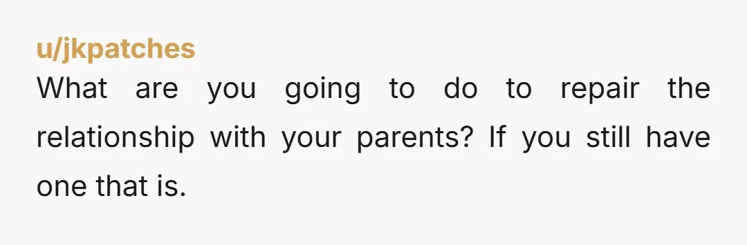 u/jkpatches What are you going to do to repair the relationship with your parents? If you still have one that is.
