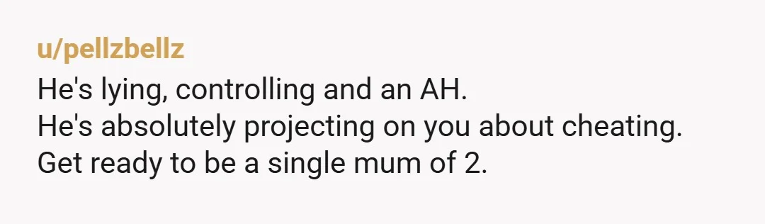 u/pellzbellz He's lying, controlling and an AH. He's absolutely projecting on you about cheating. Get ready to be a single mum of 2.