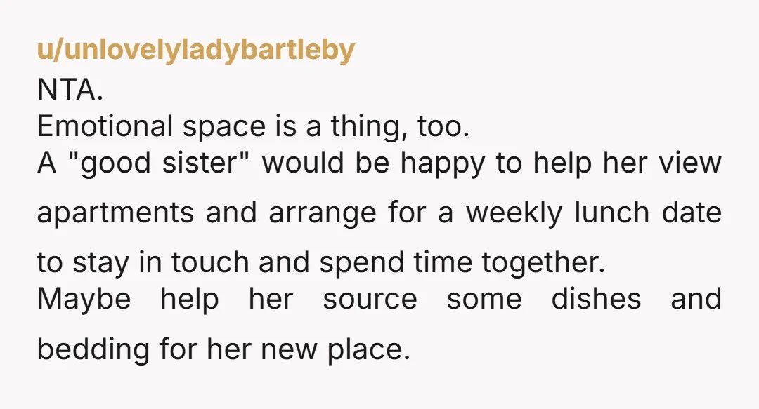 u/CatsMom4Ever NTA. You could live in a mansion and not have to take her in. This is YOUR home. YOUR space. Your sister is not your responsibility. She is not...