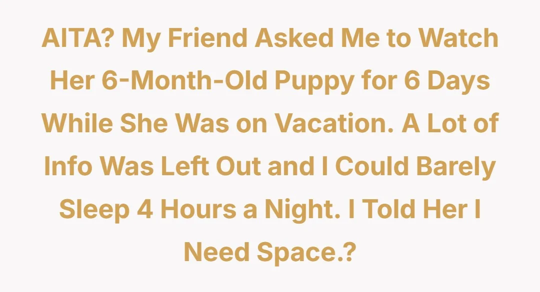 AITA? My friend asked me to watch her 6 month old puppy for 6 days while she was on vacation. A lot of info was left out and I could barely sleep 4 hours a night. I told her I need space.?
