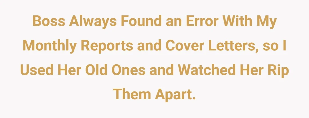 Boss always found an error with my monthly reports and cover letters, so I used her old ones and watched her rip them apart.