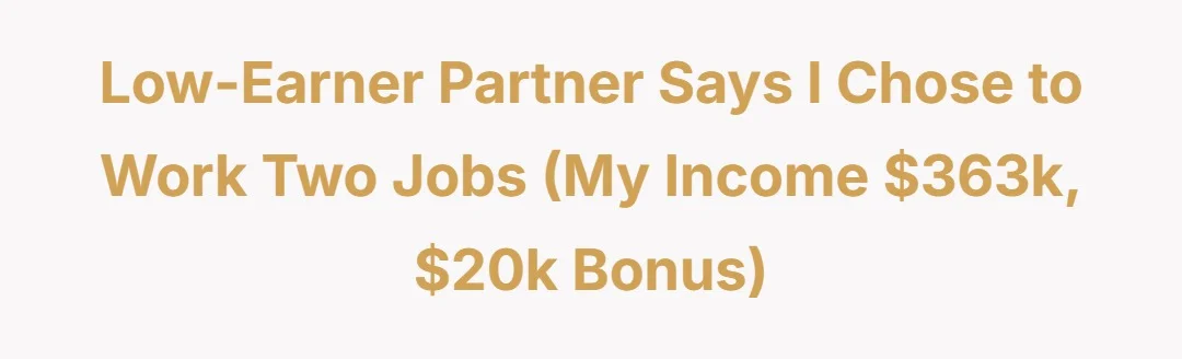 Low earner partner says I chose to work 2 jobs (my income 363k 20k bonus)