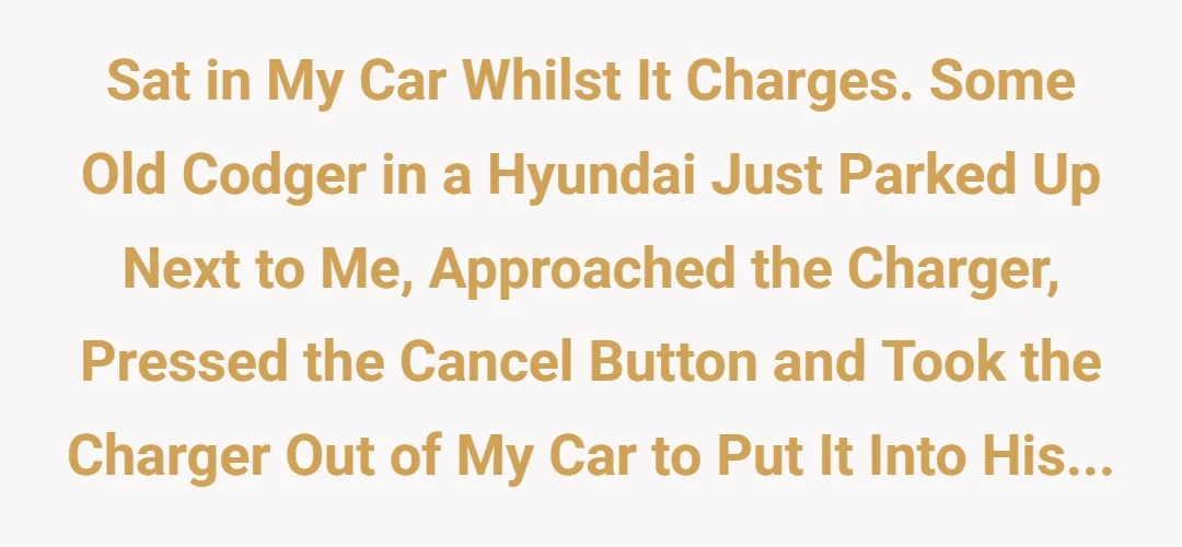 Sat in my car whilst it charges. Some old codger in a Hyundai just parked up next to me, approached the charger, pressed the cancel button and took the charger out of my car to put it into his...