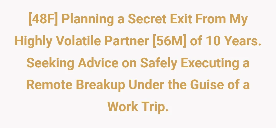 [48F] Planning a secret exit from my highly volatile partner [56M] of 10 years. Seeking advice on safely executing a remote breakup under the guise of a work trip.