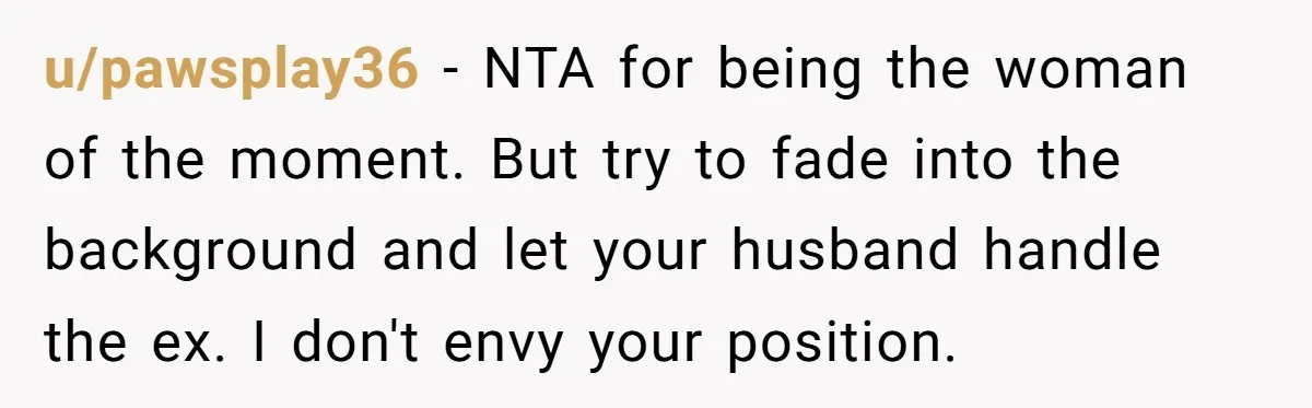 u/pawsplay36 - NTA for being the woman of the moment. But try to fade into the background and let your husband handle the ex. I don't envy your position.