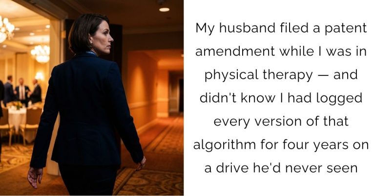 My husband filed a patent amendment while I was in physical therapy — and didn’t know I had logged every version of that algorithm for four years on a drive he’d never seen