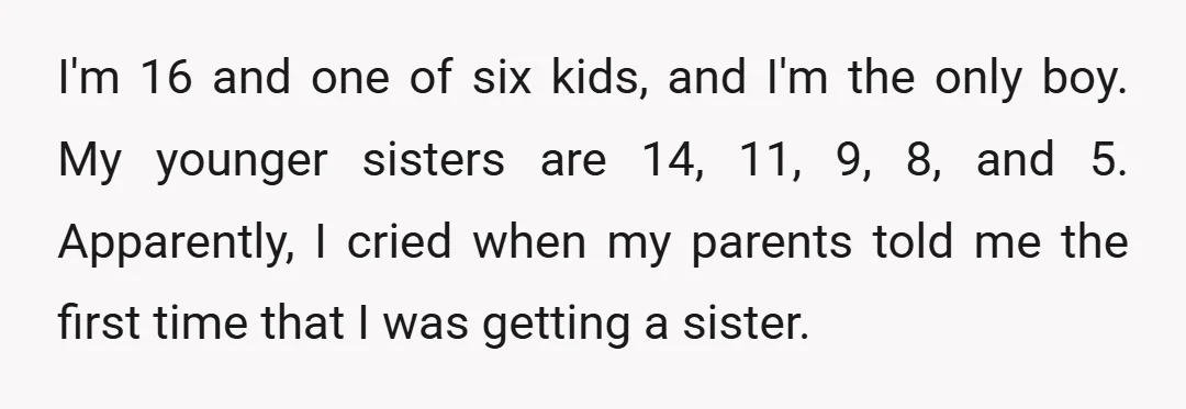 I'm 16 and one of six kids, and I'm the only boy. My younger sisters are 14, 11, 9, 8, and 5. Apparently, I cried when my parents told me...