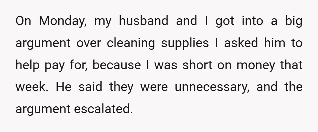 On Monday, my husband and I got into a big argument over cleaning supplies I asked him to help pay for, because I was short on money that week. He...