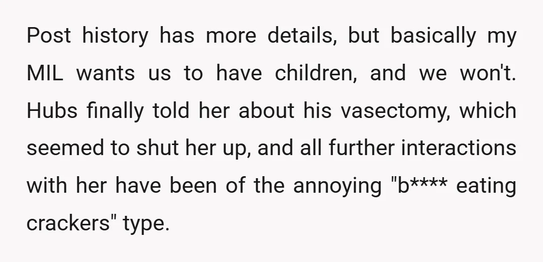 Post history has more details, but basically my MIL wants us to have children, and we won't. Hubs finally told her about his vasectomy, which seemed to shut her up,...