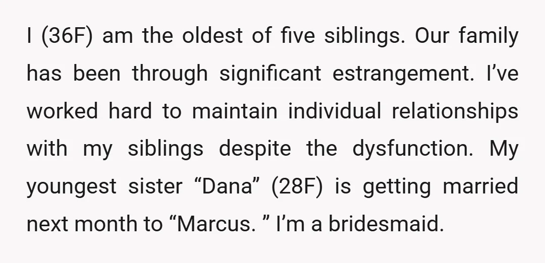 I (36F) am the oldest of five siblings. Our family has been through significant estrangement. I’ve worked hard to maintain individual relationships with my siblings despite the dysfunction. My youngest...