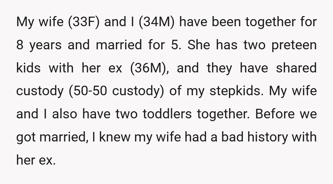 My wife (33F) and I (34M) have been together for 8 years and married for 5. She has two preteen kids with her ex (36M), and they have shared custody...