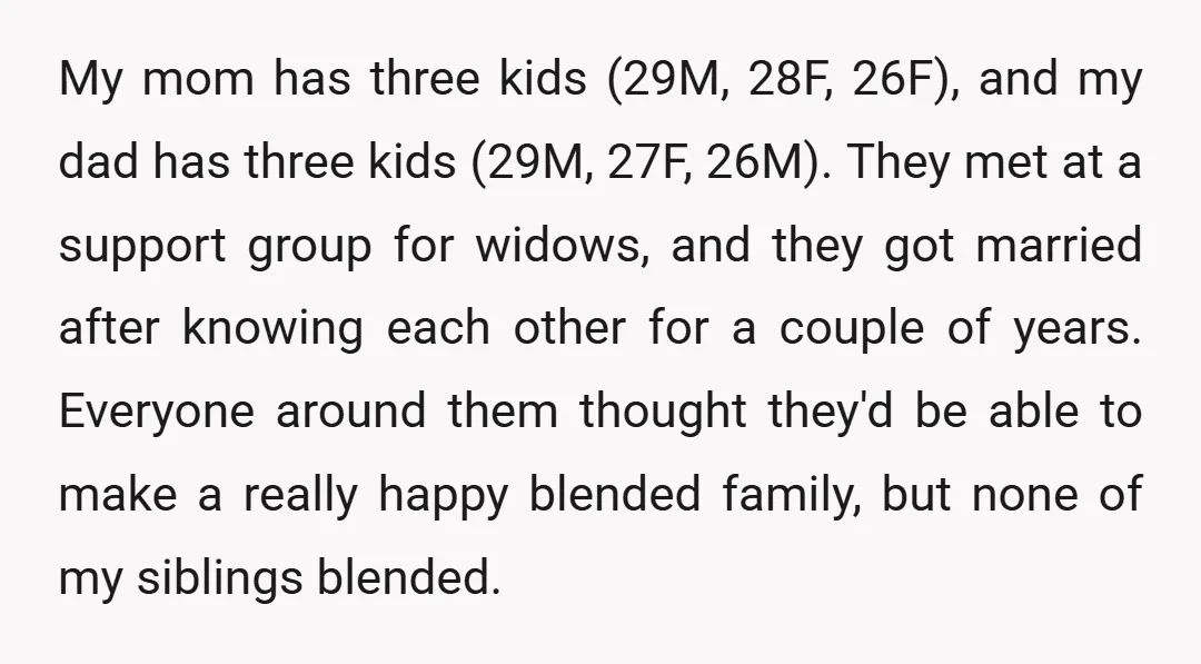 My mom has three kids (29M, 28F, 26F), and my dad has three kids (29M, 27F, 26M). They met at a support group for widows, and they got married after...