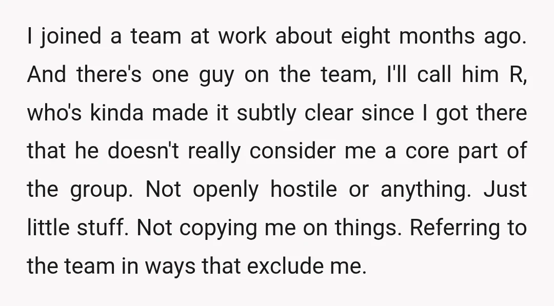 I joined a team at work about eight months ago. And there's one guy on the team, I'll call him R, who's kinda made it subtly clear since I got...