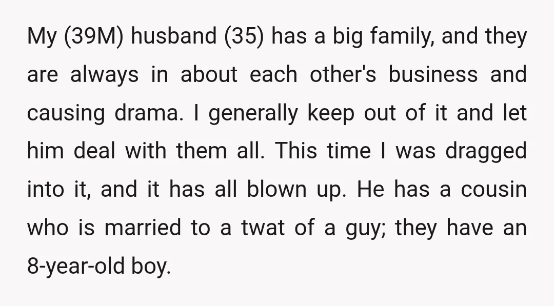 My (39M) husband (35) has a big family, and they are always in about each other's business and causing drama. I generally keep out of it and let him deal...