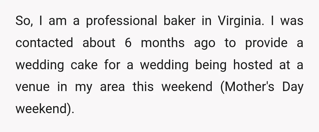 So, I am a professional baker in Virginia. I was contacted about 6 months ago to provide a wedding cake for a wedding being hosted at a venue in my...