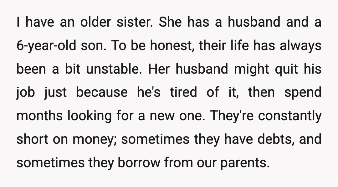 I have an older sister. She has a husband and a 6-year-old son. To be honest, their life has always been a bit unstable. Her husband might quit his job...
