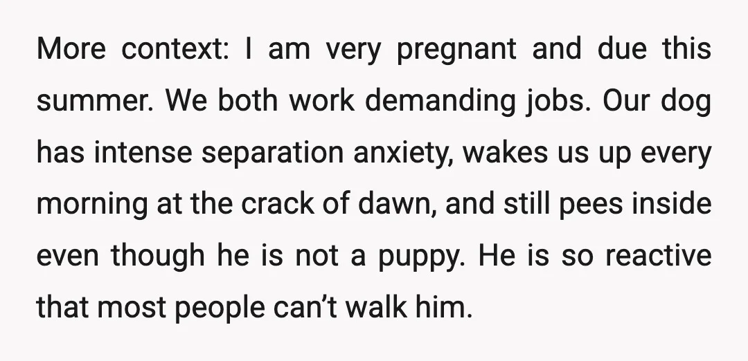 More context: I am very pregnant and due this summer. We both work demanding jobs. Our dog has intense separation anxiety, wakes us up every morning at the crack of...