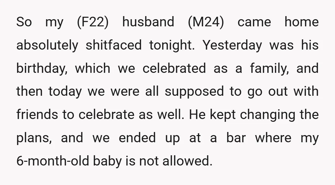 So my (F22) husband (M24) came home absolutely shitfaced tonight. Yesterday was his birthday, which we celebrated as a family, and then today we were all supposed to go out...