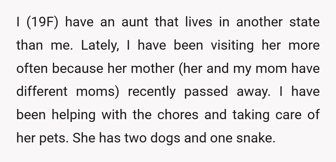 I (19F) have an aunt that lives in another state than me. Lately, I have been visiting her more often because her mother (her and my mom have different moms)...