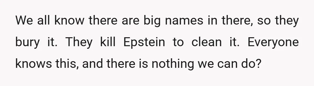 We all know there are big names in there, so they bury it. They kill Epstein to clean it. Everyone knows this, and there is nothing we can do?