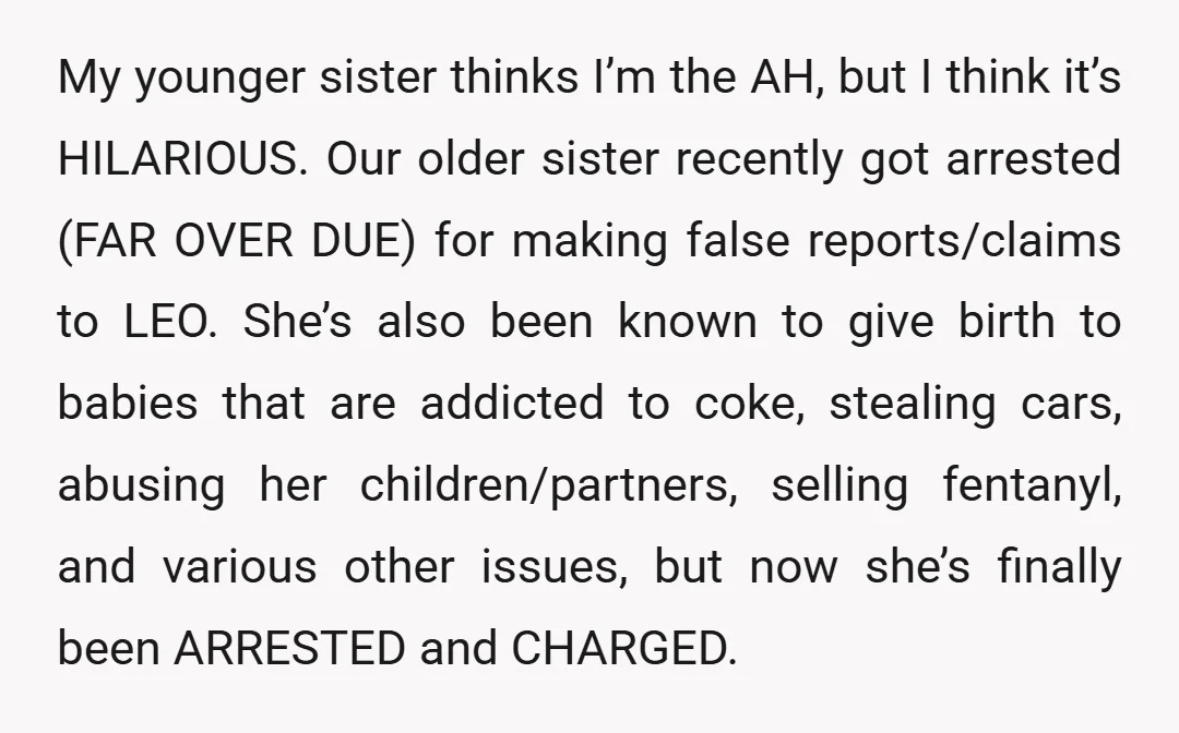 My younger sister thinks I’m the AH, but I think it’s HILARIOUS. Our older sister recently got arrested (FAR OVER DUE) for making false reports/claims to LEO. She’s also been...