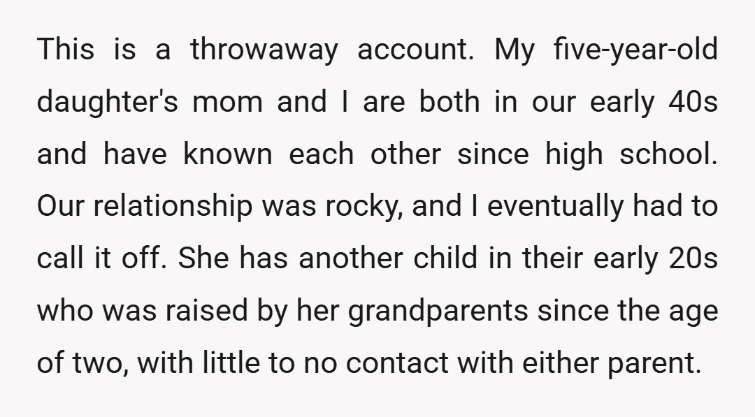 This is a throwaway account. My five-year-old daughter's mom and I are both in our early 40s and have known each other since high school. Our relationship was rocky, and...