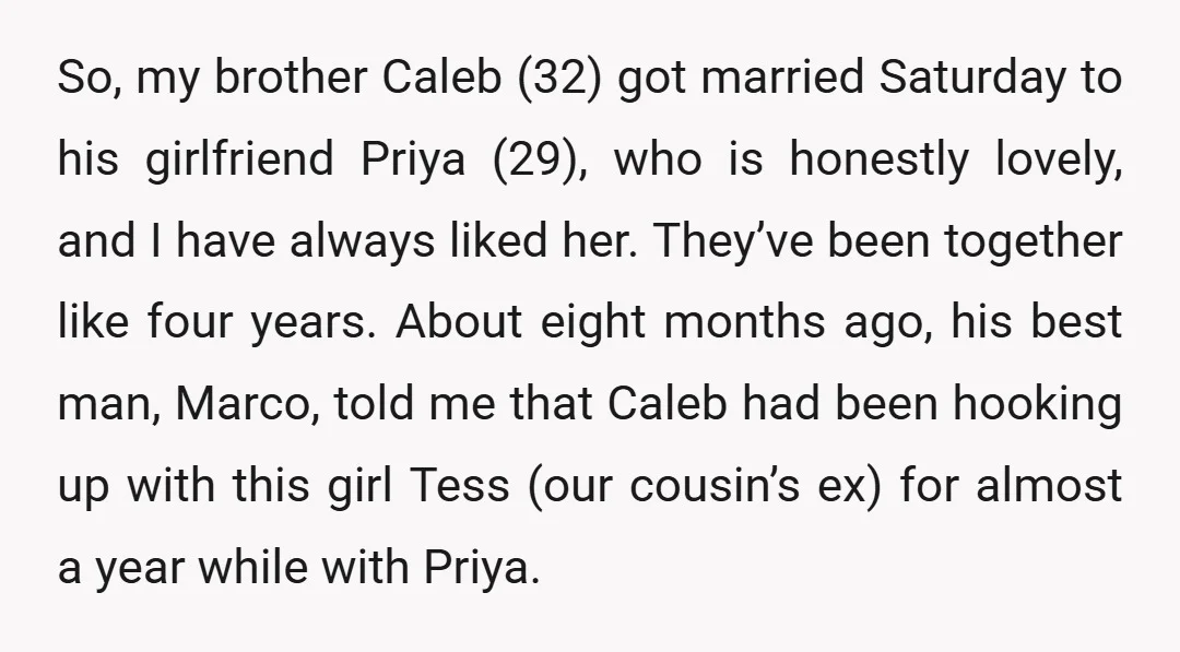 So, my brother Caleb (32) got married Saturday to his girlfriend Priya (29), who is honestly lovely, and I have always liked her. They’ve been together like four years. About...