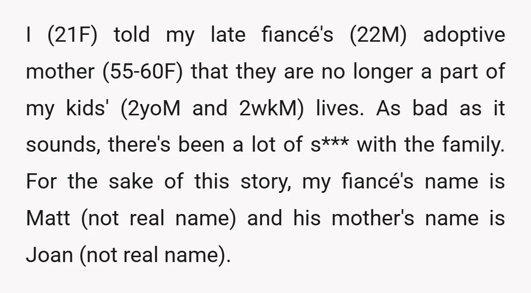 I (21F) told my late fiancé's (22M) adoptive mother (55-60F) that they are no longer a part of my kids' (2yoM and 2wkM) lives. As bad as it sounds, there's...