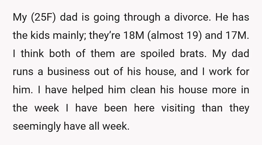 My (25F) dad is going through a divorce. He has the kids mainly; they’re 18M (almost 19) and 17M. I think both of them are spoiled brats. My dad runs...