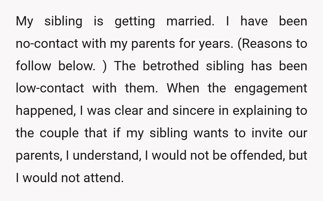 My sibling is getting married. I have been no-contact with my parents for years. (Reasons to follow below. ) The betrothed sibling has been low-contact with them. When the engagement...