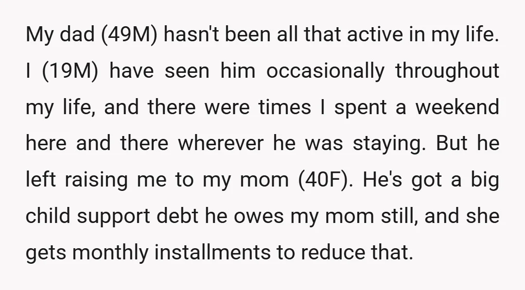 My dad (49M) hasn't been all that active in my life. I (19M) have seen him occasionally throughout my life, and there were times I spent a weekend here and...