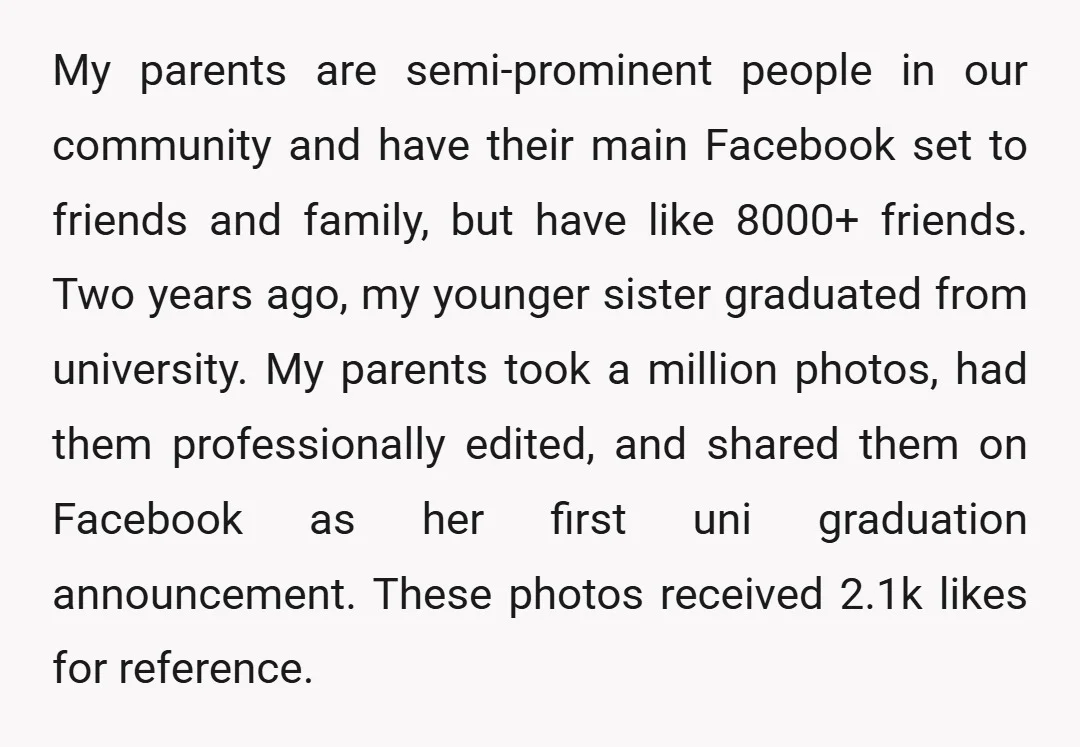 My parents are semi-prominent people in our community and have their main Facebook set to friends and family, but have like 8000+ friends. Two years ago, my younger sister graduated...