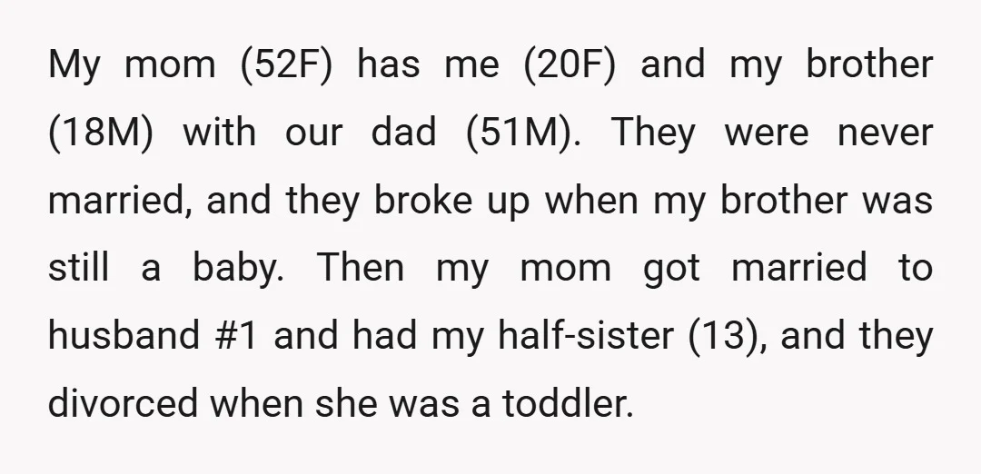My mom (52F) has me (20F) and my brother (18M) with our dad (51M). They were never married, and they broke up when my brother was still a baby. Then...