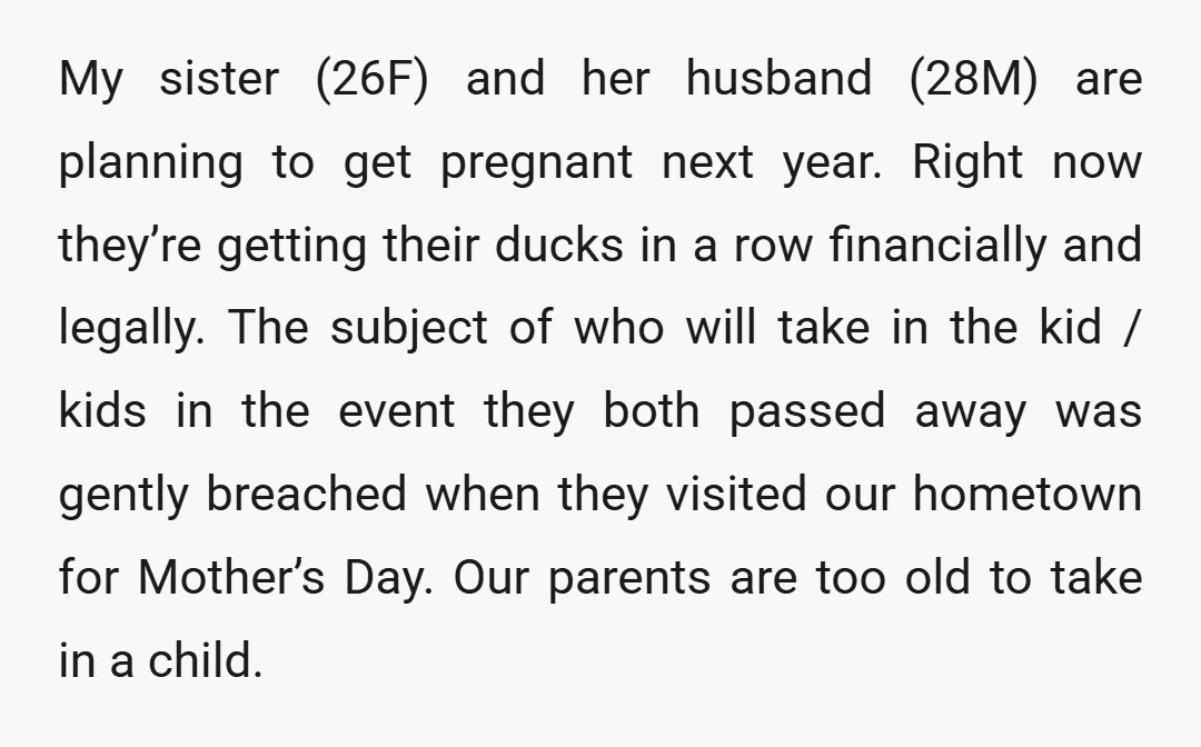 My sister (26F) and her husband (28M) are planning to get pregnant next year. Right now they’re getting their ducks in a row financially and legally. The subject of who...