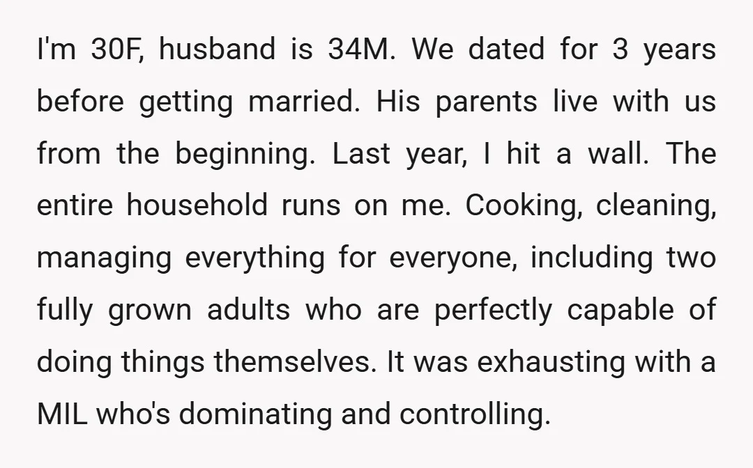 I'm 30F, husband is 34M. We dated for 3 years before getting married. His parents live with us from the beginning. Last year, I hit a wall. The entire household...