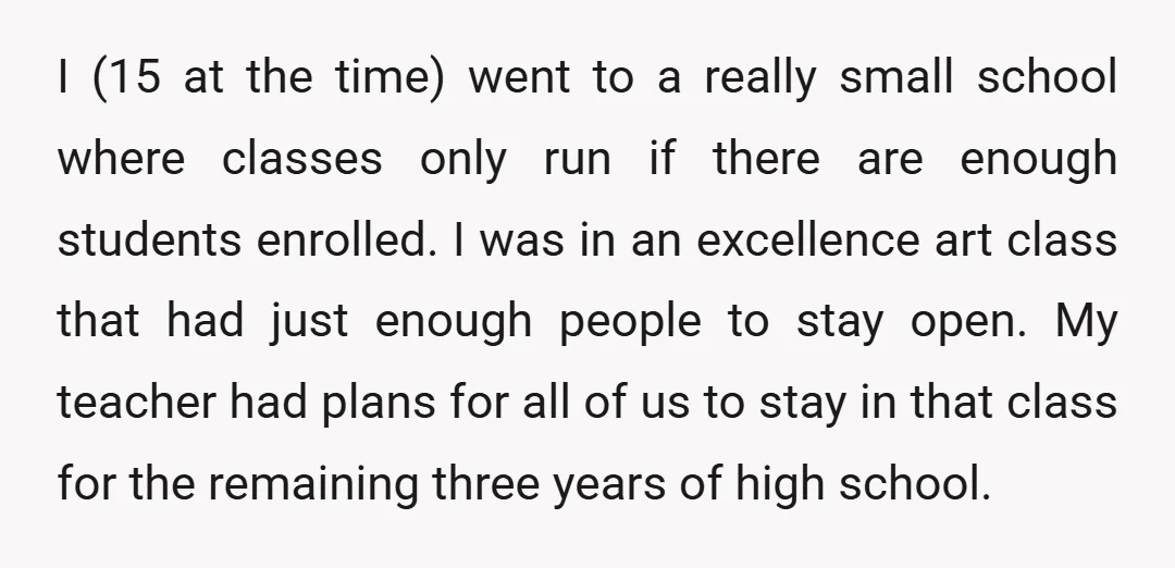 I (15 at the time) went to a really small school where classes only run if there are enough students enrolled. I was in an excellence art class that had...