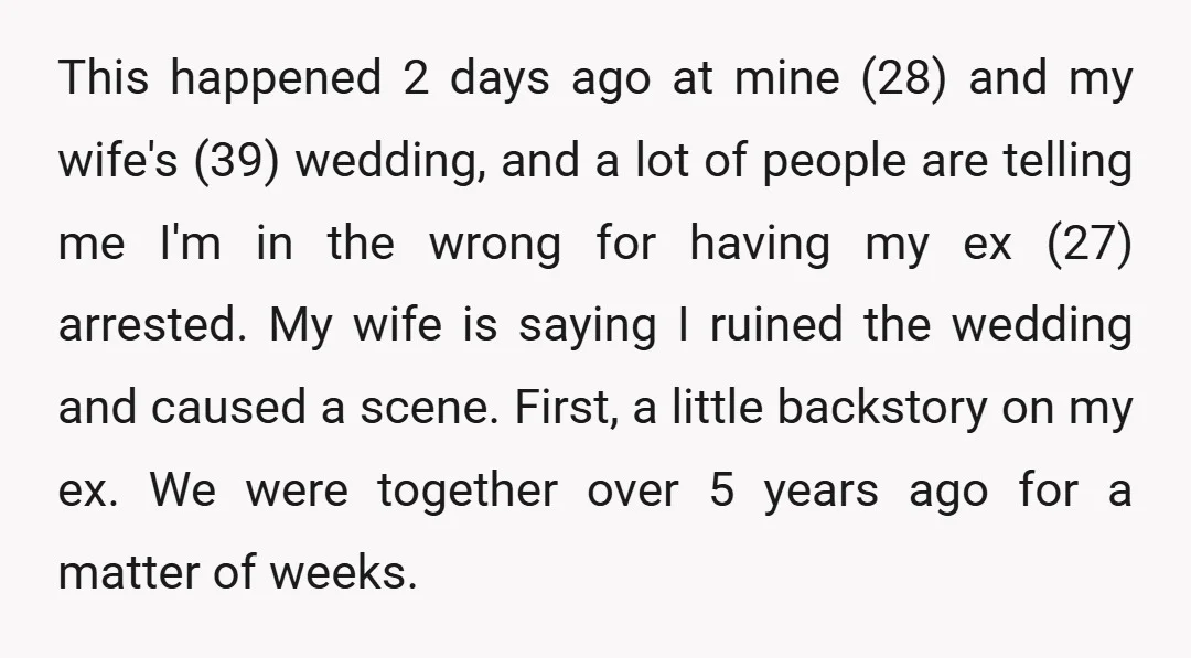 This happened 2 days ago at mine (28) and my wife's (39) wedding, and a lot of people are telling me I'm in the wrong for having my ex (27)...