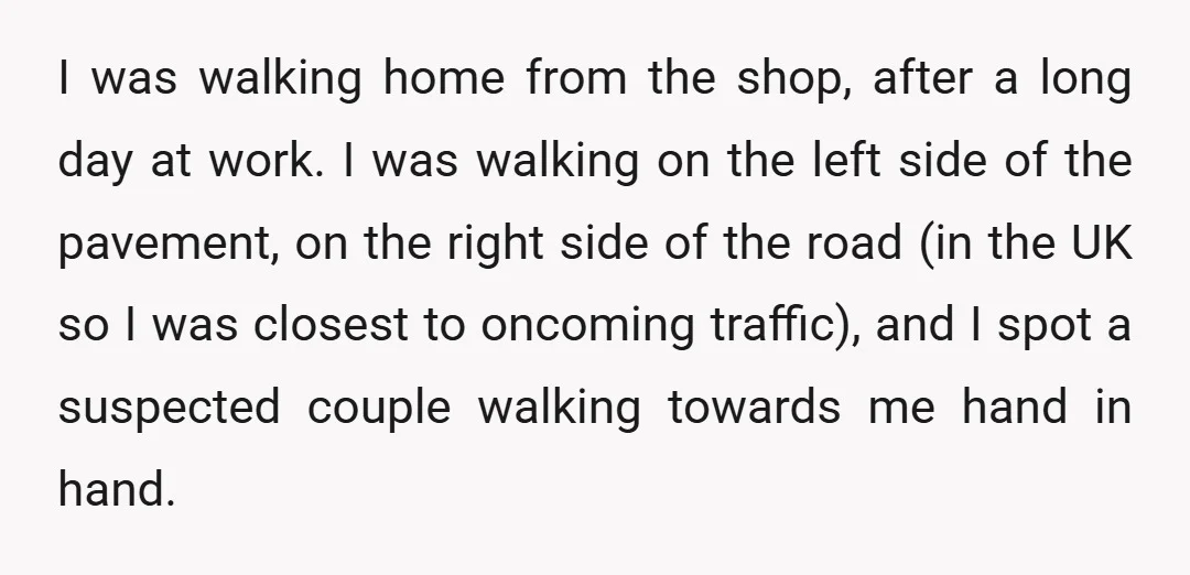 I was walking home from the shop, after a long day at work. I was walking on the left side of the pavement, on the right side of the road...