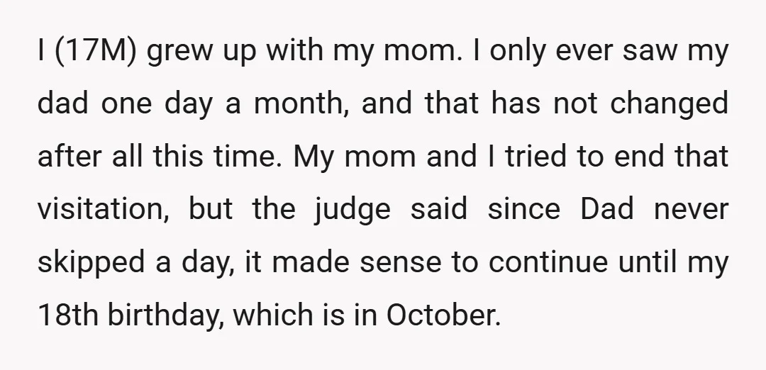 I (17M) grew up with my mom. I only ever saw my dad one day a month, and that has not changed after all this time. My mom and I...