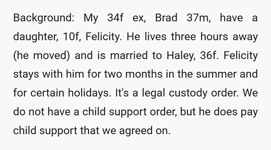 Background: My 34f ex, Brad 37m, have a daughter, 10f, Felicity. He lives three hours away (he moved) and is married to Haley, 36f. Felicity stays with him for two...