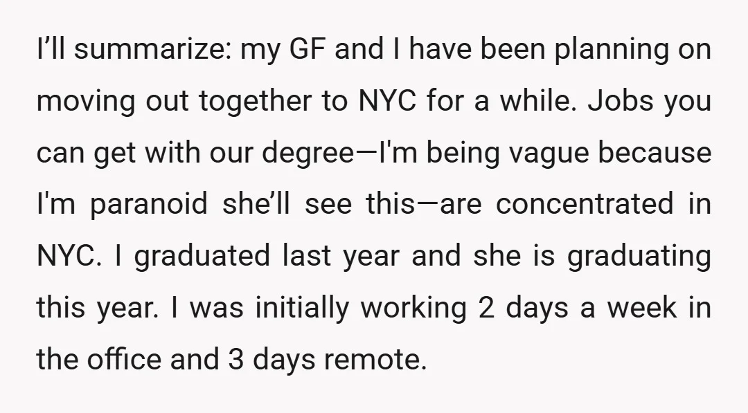I’ll summarize: my GF and I have been planning on moving out together to NYC for a while. Jobs you can get with our degree—I'm being vague because I'm paranoid...