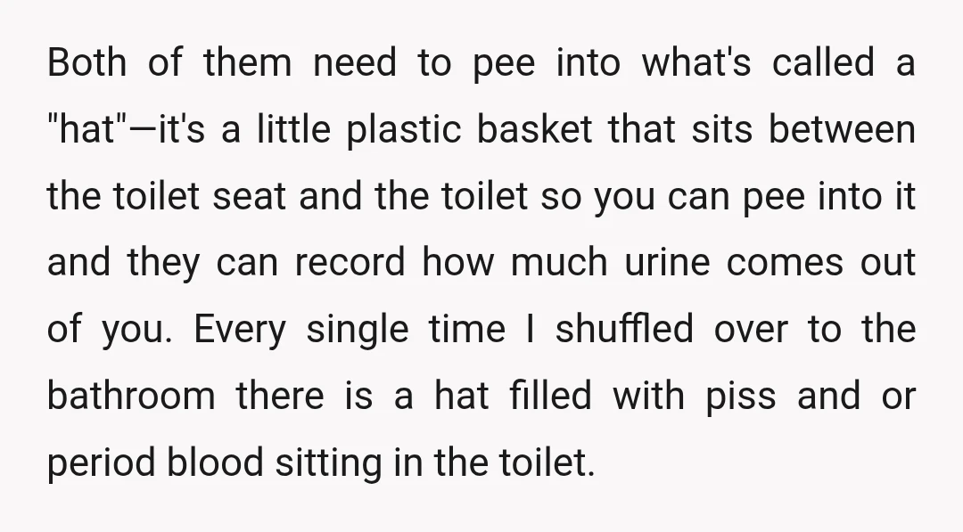 Both of them need to pee into what's called a "hat"—it's a little plastic basket that sits between the toilet seat and the toilet so you can pee into it...