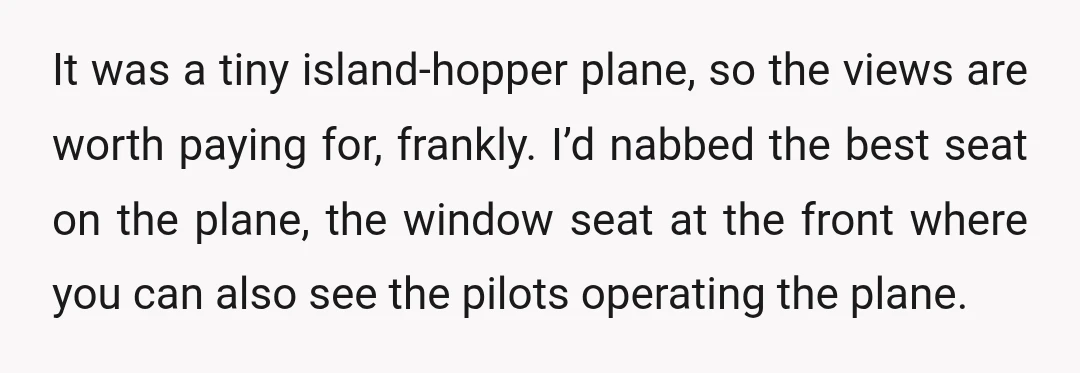 It was a tiny island-hopper plane, so the views are worth paying for, frankly. I’d nabbed the best seat on the plane, the window seat at the front where you...